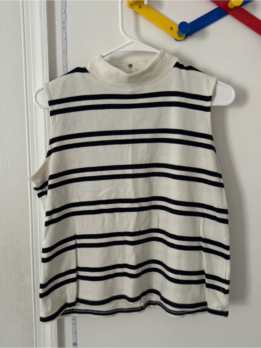 Talbots Cream and Black Striped Sleeveless Mock Neck Top